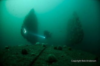Swimming between the enormous rudders on the Markgraf.